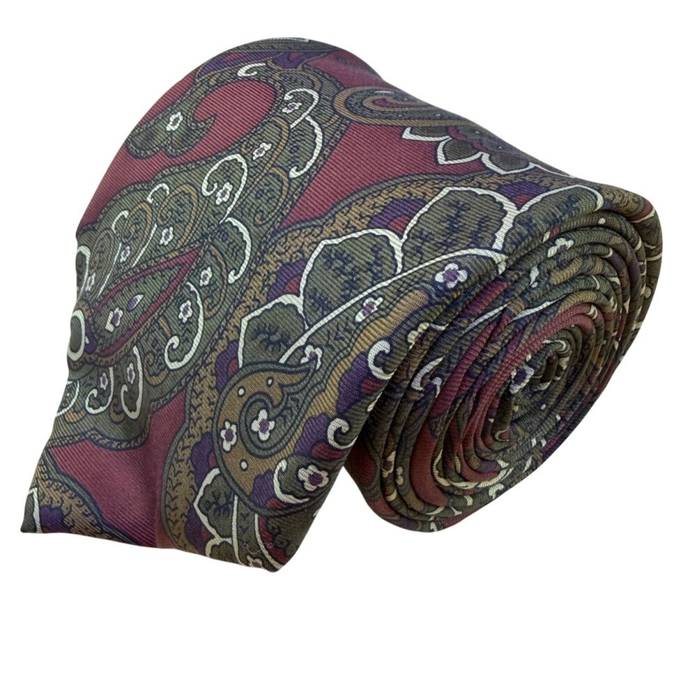 Christian D Mens Burgundy Green Paisley Silk Tie Fabric Woven Italy Made USA